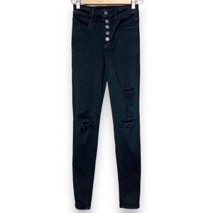 American Eagle Super High Rise Jegging 00 skinny jeans black ripped button fly